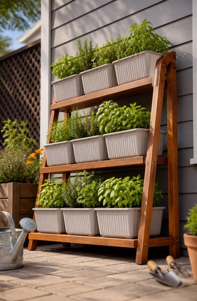 Tiered herb planter with various herbs at different levels.