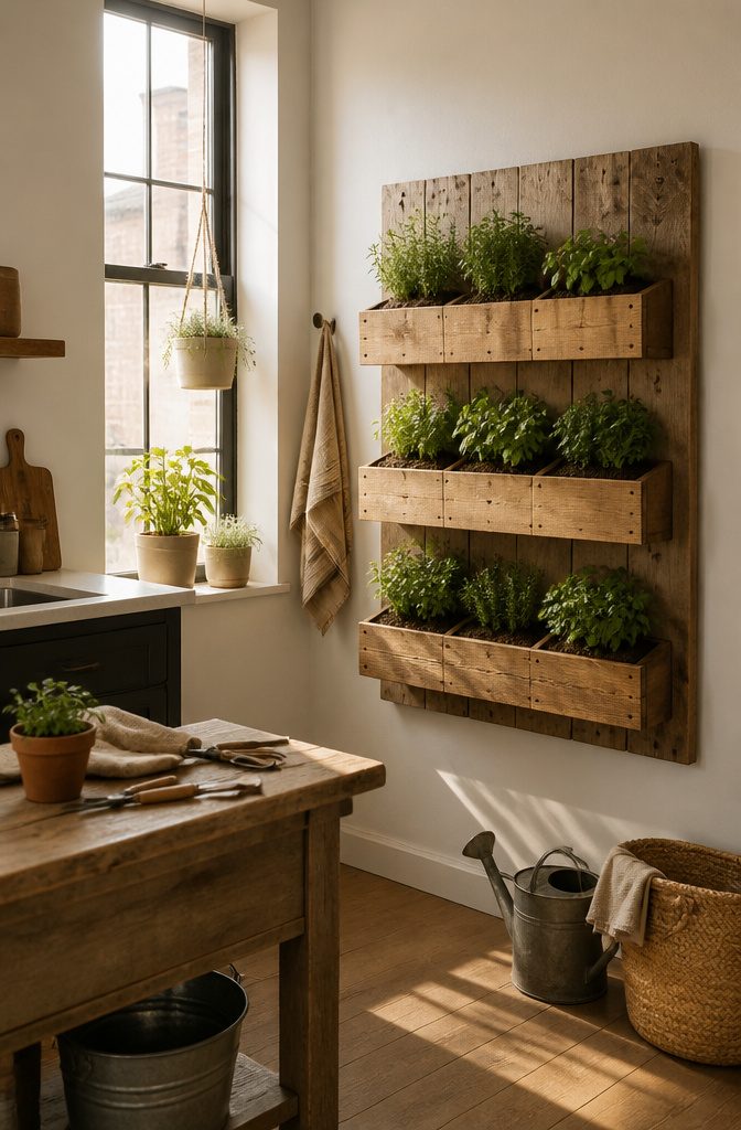 Wall-mounted and freestanding vertical herb planters with various herbs.