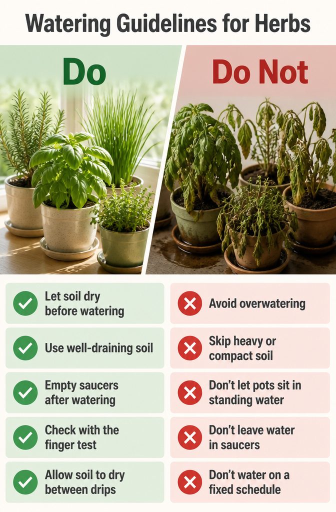 Guidelines for watering herbs displayed on a graphic.