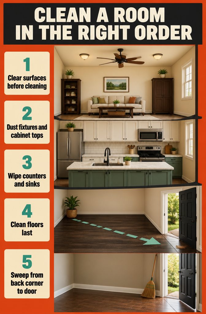 8 Ways to Be Clean and Keep Your Home That Way 11 Room cleaning guide with steps for clearing clutter and cleaning surfaces top to bottom