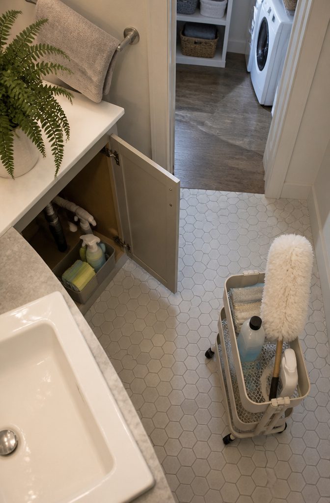 8 Ways to Be Clean and Keep Your Home That Way 9 Cleaning caddy with cloths and spray bottles stored under a sink