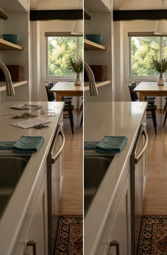 8 Ways to Be Clean and Keep Your Home That Way 4 Kitchen counter holding mail keys and phone chargers