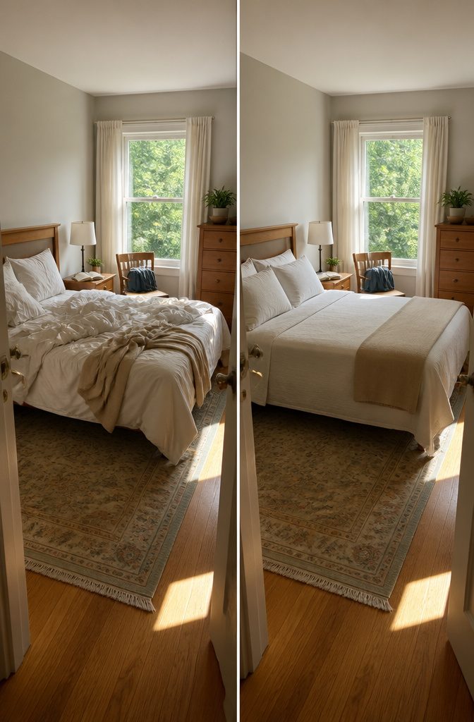8 Ways to Be Clean and Keep Your Home That Way 5 Made bed with fluffed pillows and a smooth comforter