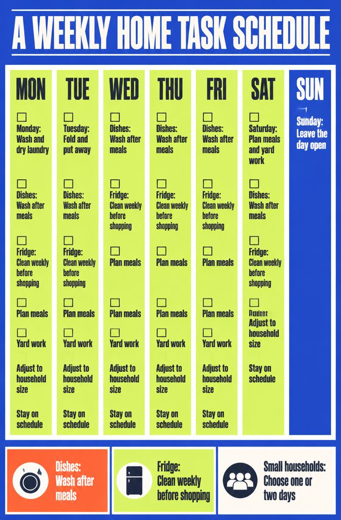 8 Ways to Be Clean and Keep Your Home That Way 3 Weekly home task schedule with cleaning chores listed by day