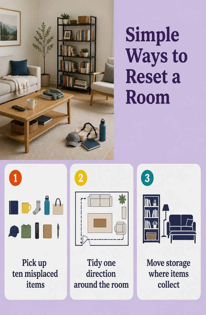 8 Ways to Be Clean and Keep Your Home That Way 10 Simple room reset guide with tidy-up steps for a home interior