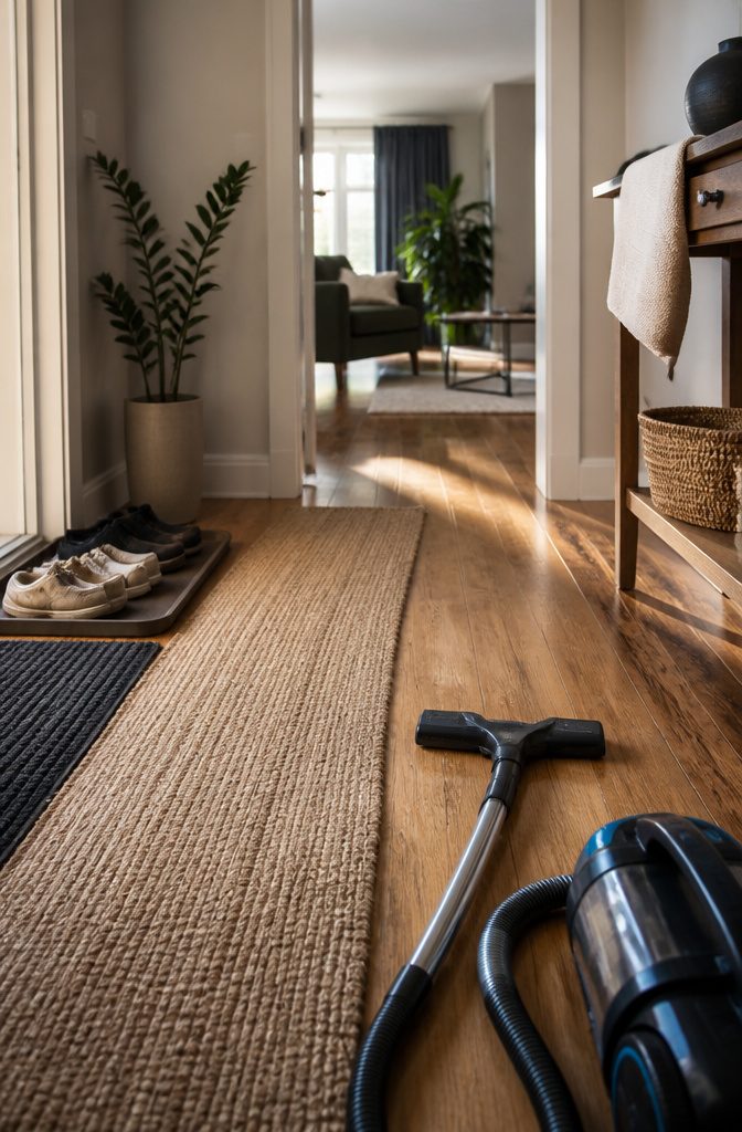 8 Ways to Be Clean and Keep Your Home That Way 7 Compact vacuum beside a runner on wood flooring near an entryway mat and shoe tray