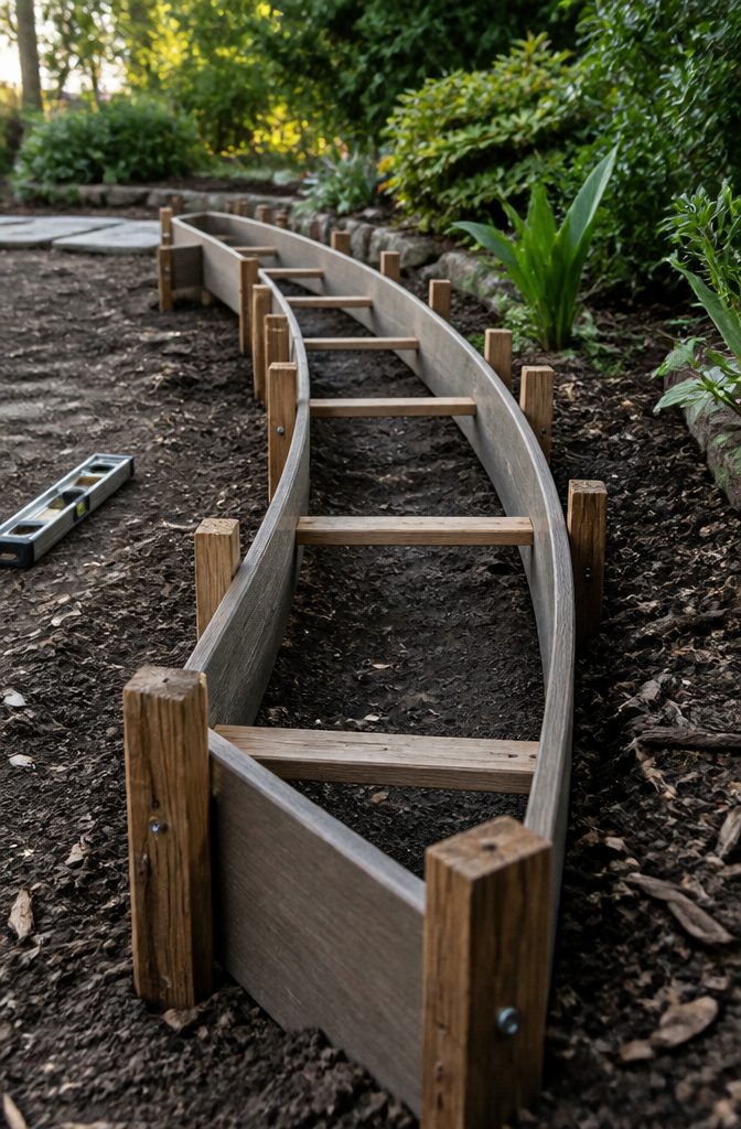 How to Build a Concrete Curb in 7 Steps 4 Curved curb forms secured with stakes and wooden spacers