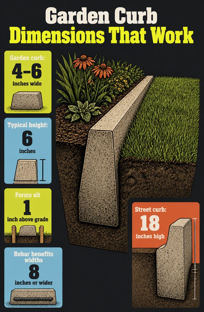 How to Build a Concrete Curb in 7 Steps 9 Diagram of garden curb dimensions with width and height measurements