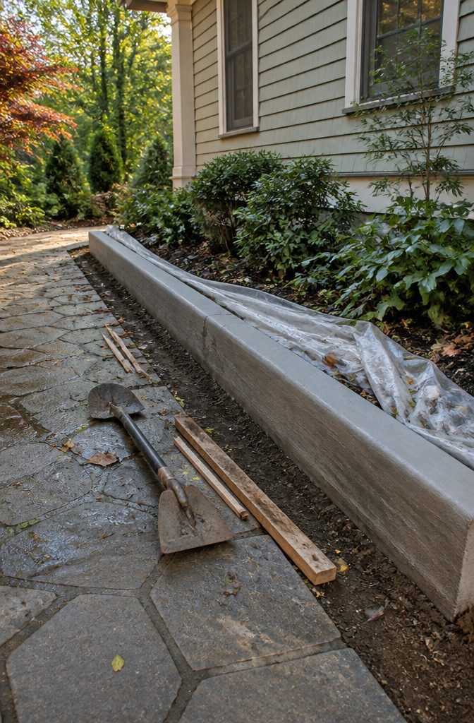 How to Build a Concrete Curb in 7 Steps 8 Concrete curb exposed after forms are removed with soil beside it