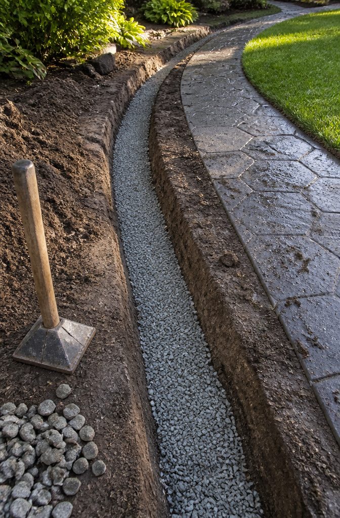 How to Build a Concrete Curb in 7 Steps 3 Narrow curved trench with crushed stone and a hand tamper nearby