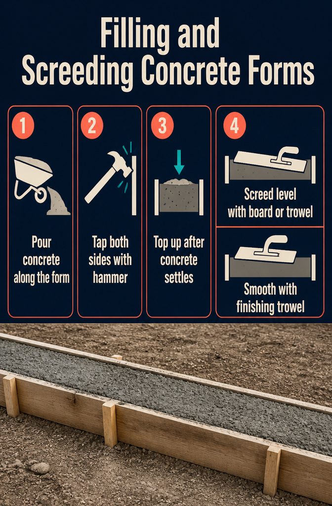 How to Build a Concrete Curb in 7 Steps 6 Concrete being poured into curb forms and leveled with a straight board