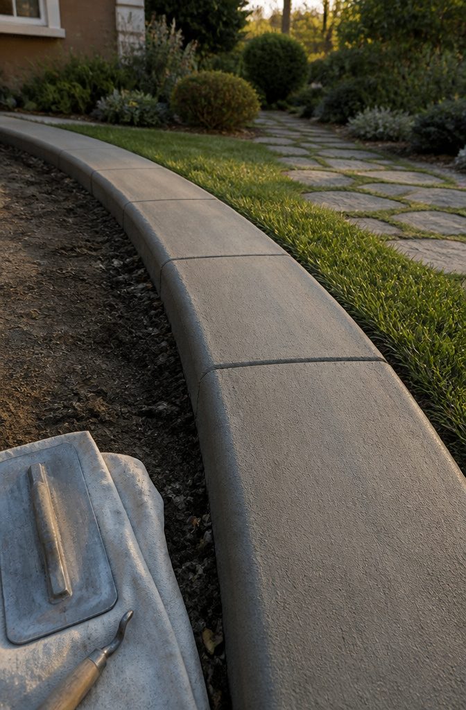 How to Build a Concrete Curb in 7 Steps 7 Finished gray concrete curb with rounded edges and regular control joints