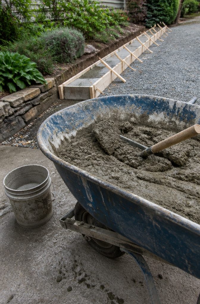How to Build a Concrete Curb in 7 Steps 5 Wheelbarrow of thick gray concrete with a mixing hoe resting inside