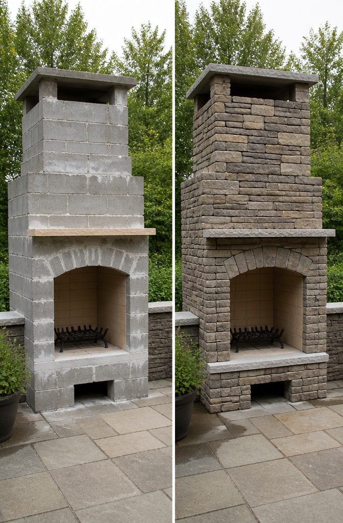 How to Build an Outdoor Fireplace: 9 Steps 9 Outdoor fireplace with manufactured stone veneer pressed into mortar over metal lath