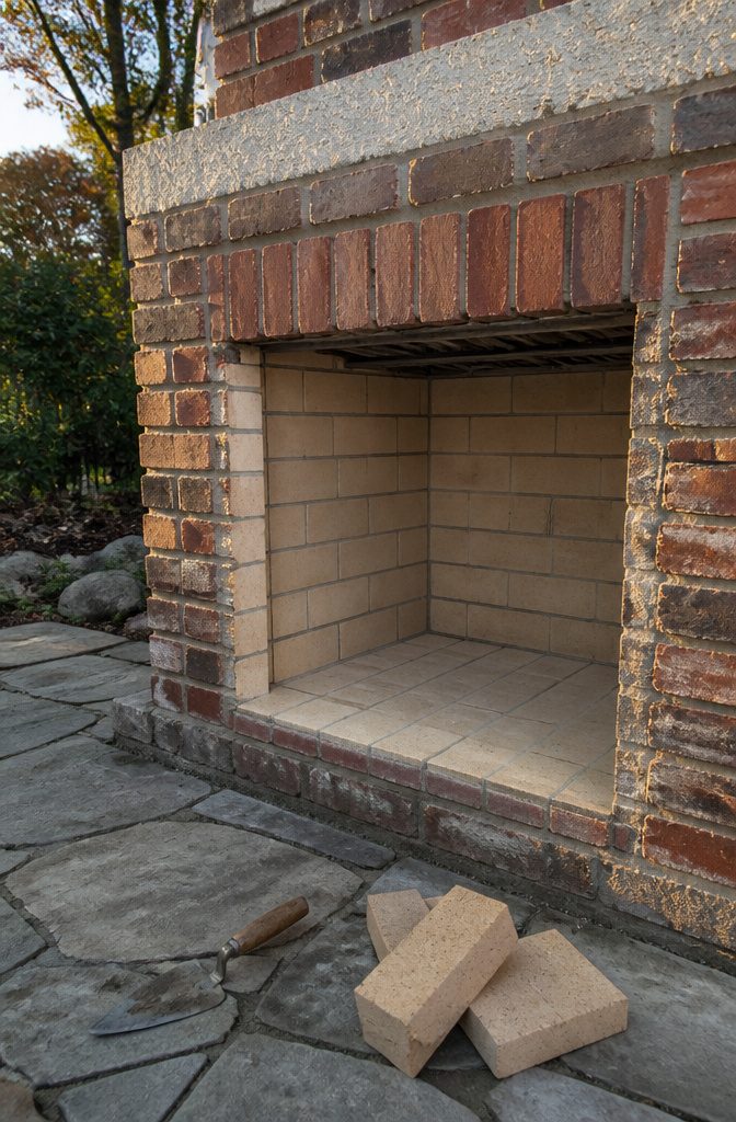 How to Build an Outdoor Fireplace: 9 Steps 6 Squared fireplace opening lined with pale firebrick and narrow mortar joints