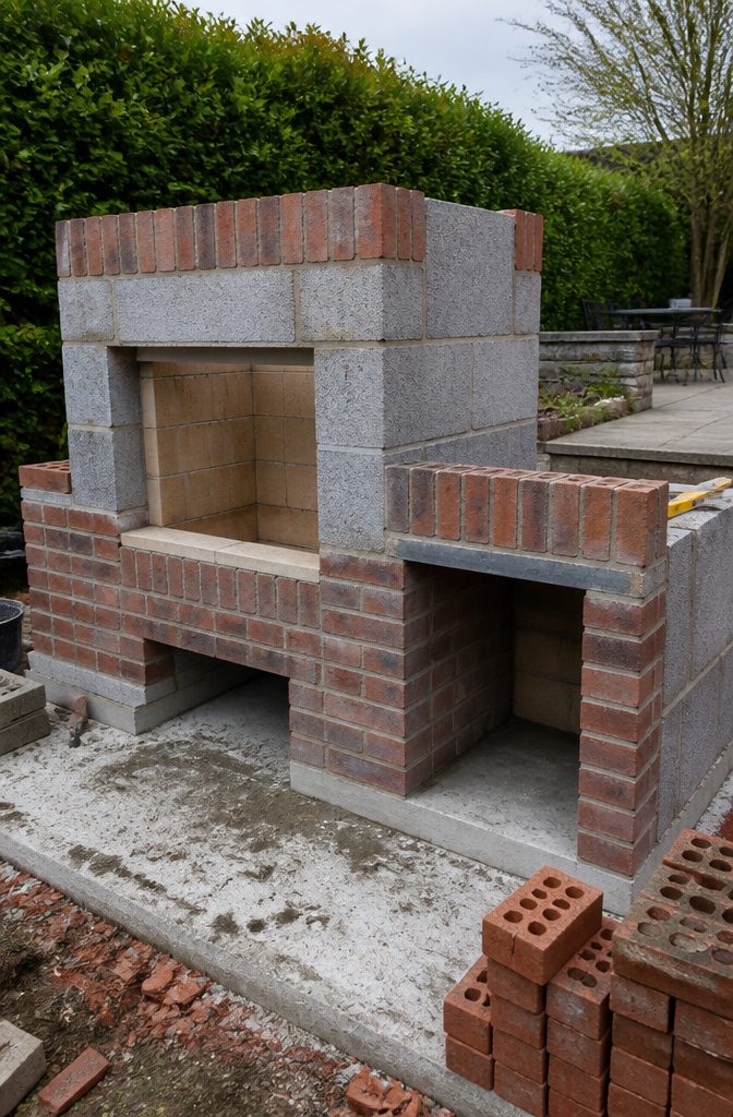 How to Build an Outdoor Fireplace: 9 Steps 5 Outdoor fireplace under construction with brick courses forming the outer walls