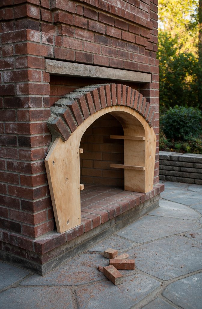 How to Build an Outdoor Fireplace: 9 Steps 8 Curved plywood arch form supporting upright half-bricks with wedge-cut pieces nearby