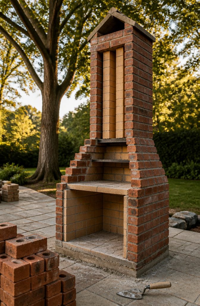 How to Build an Outdoor Fireplace: 9 Steps 7 Outdoor brick chimney built around clay flue liners above a fireplace opening