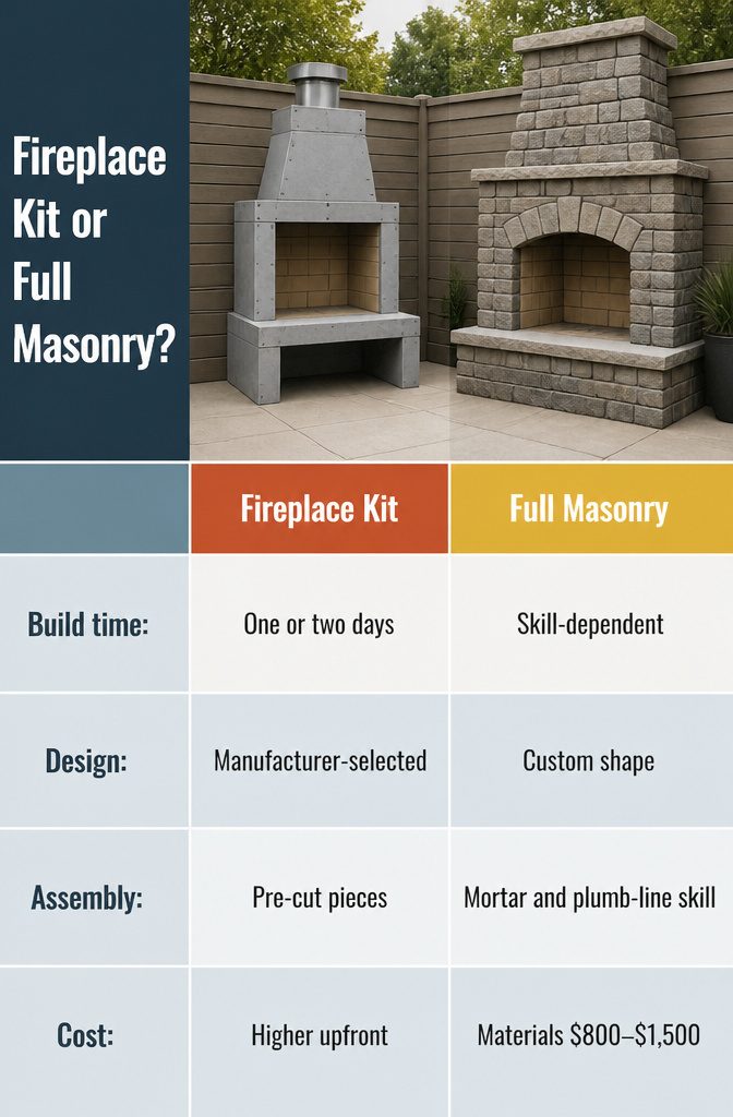 How to Build an Outdoor Fireplace: 9 Steps 11 Fireplace kit components beside a masonry fireplace for a side-by-side comparison