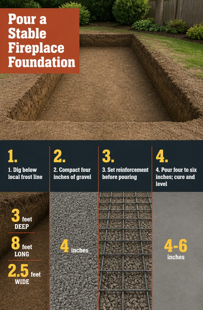 How to Build an Outdoor Fireplace: 9 Steps 4 Concrete fireplace foundation with a flat surface ready for brickwork