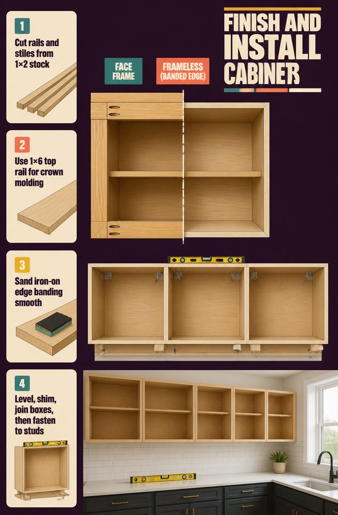 Upper cabinet diagram with face frame edge banding and wall fasteners