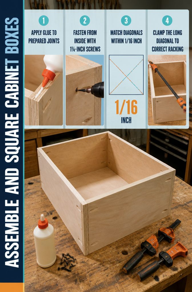Cabinet assembly diagram with fasteners and diagonal square checks