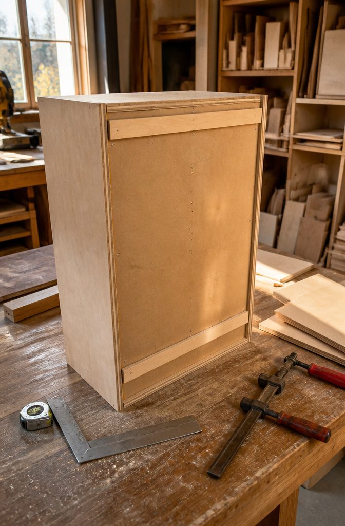 Square plywood cabinet carcass with a fitted back panel and horizontal nailers