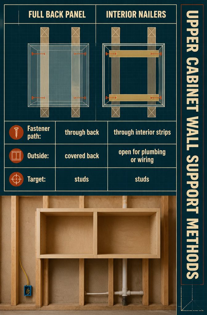Upper cabinet wall support diagram with back panel nailers and cleats