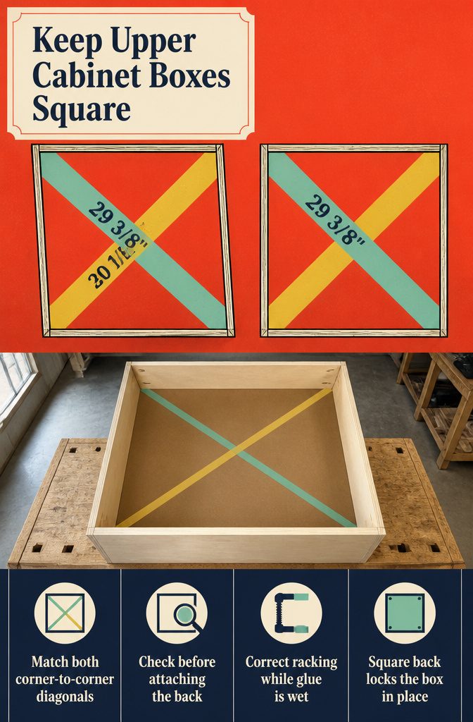Cabinet diagram showing diagonal measurements across a plywood box