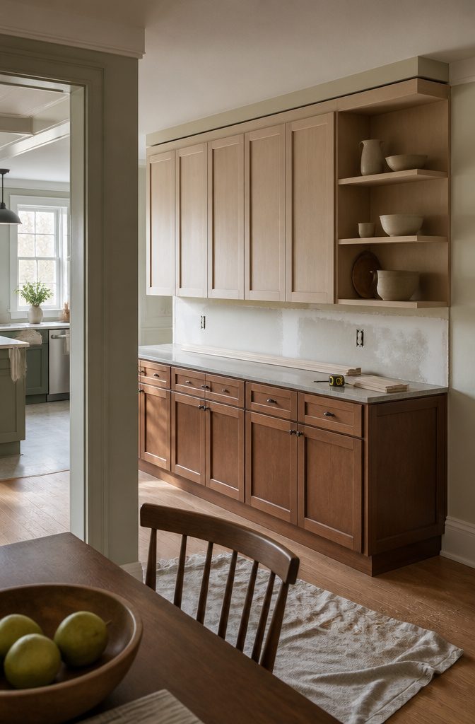 Open upper cabinet section above existing cabinets near a ceiling