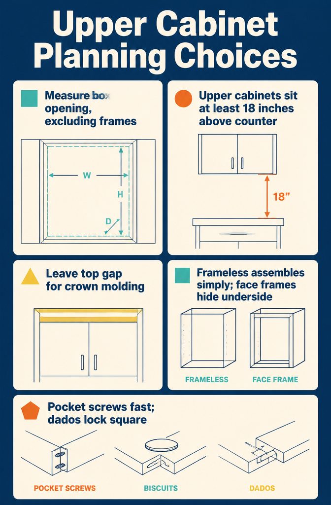 Upper cabinet planning graphic with measurements and an open display area