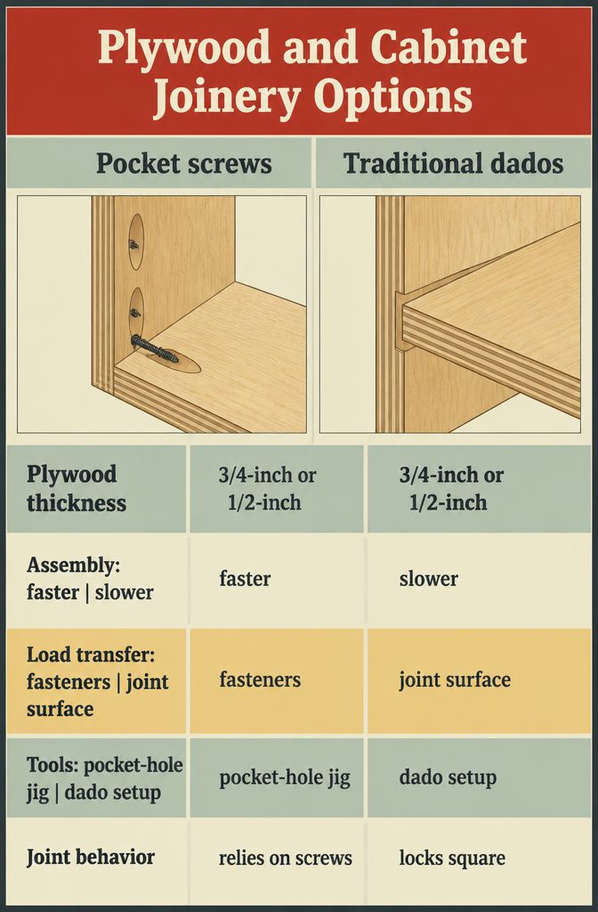 Cabinet construction diagram comparing plywood panels and joinery choices