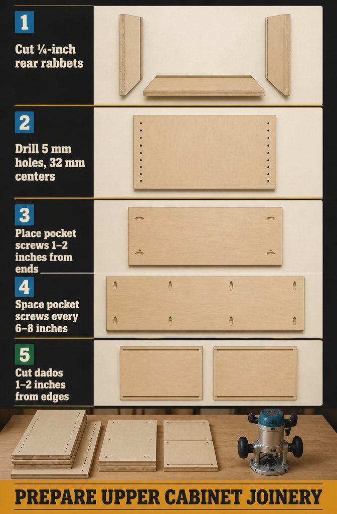 Cabinet joinery diagram with rabbets shelf-pin holes and screw locations