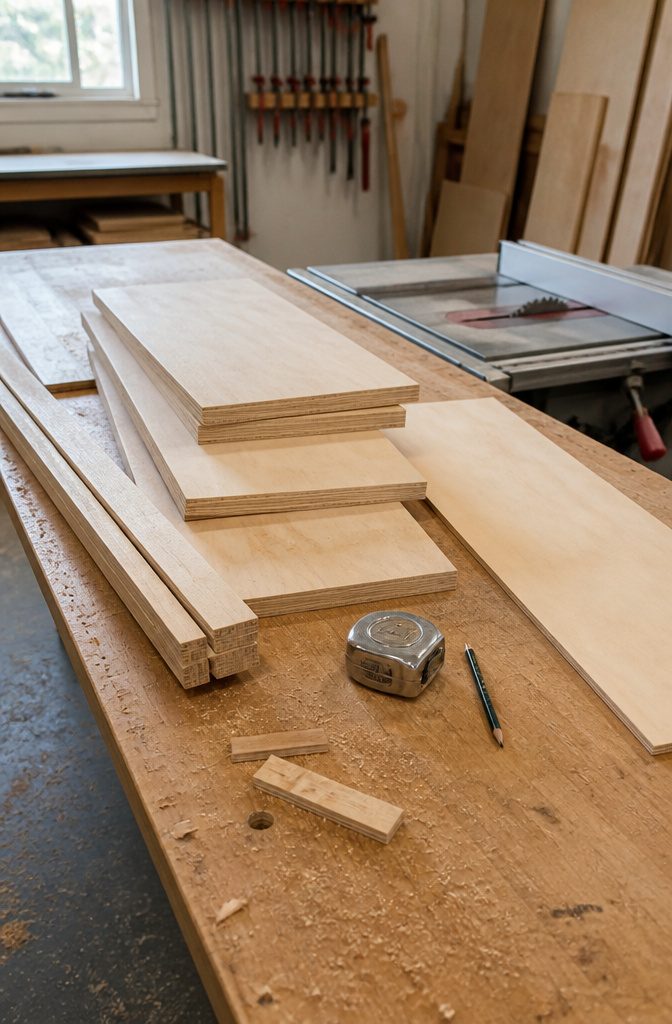 Plywood cabinet parts beside a tape measure and table saw