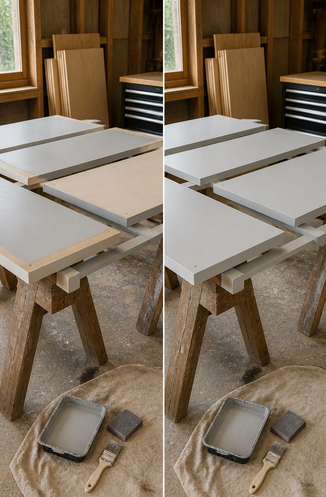 Cabinet panels laid flat on sawhorses for sanding and finishing