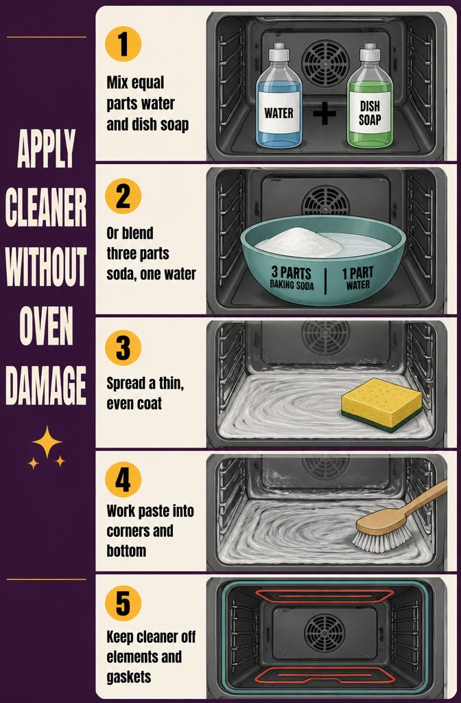 How to Clean a Greasy Oven in 8 Steps 4 Oven cleaner application information graphic showing safe surfaces and areas to avoid