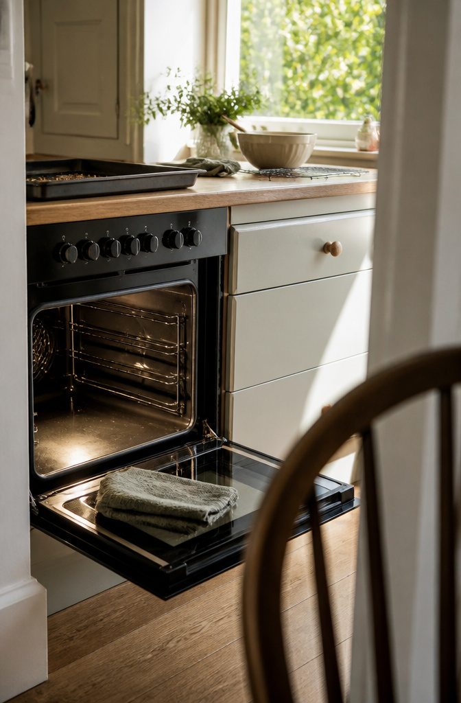 How to Clean a Greasy Oven in 8 Steps 12 Mostly clean oven floor with fresh crumbs and a grease fleck beside a folded cloth