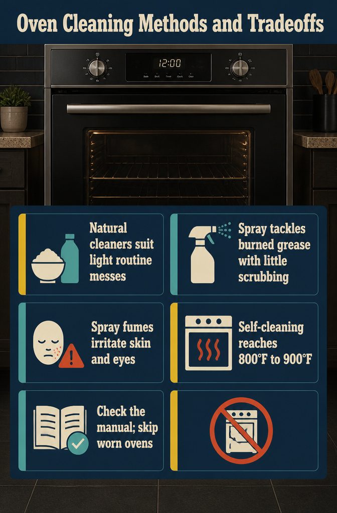 How to Clean a Greasy Oven in 8 Steps 2 Oven cleaning methods comparison with baking soda vinegar commercial spray and self-cleaning