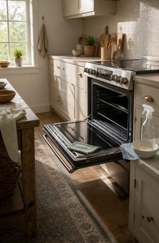 How to Clean a Greasy Oven in 8 Steps 9 Oven interior and door being wiped with a damp microfiber cloth