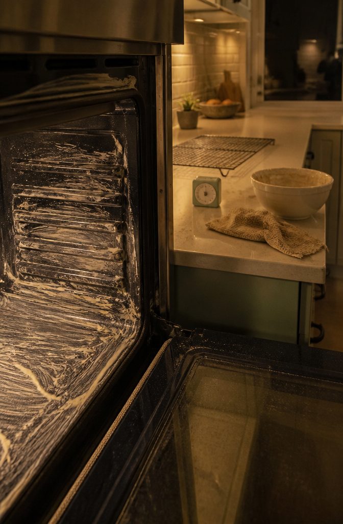 How to Clean a Greasy Oven in 8 Steps 5 Open oven interior with damp baking soda paste spread across the floor and lower walls
