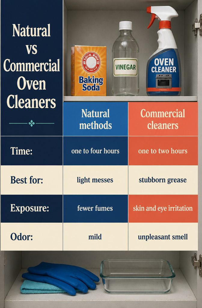 How to Clean a Greasy Oven in 8 Steps 11 Natural and commercial oven cleaner comparison graphic with cleaner types and tradeoffs