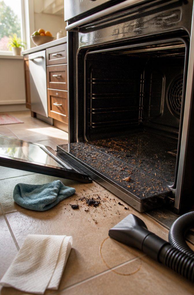 How to Clean a Greasy Oven in 8 Steps 3 Open oven with crumbs along the enamel floor and lower seams beside a vacuum hose