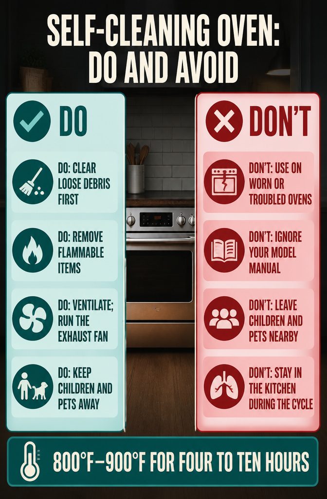 How to Clean a Greasy Oven in 8 Steps 10 Self-cleaning oven information graphic listing precautions and things to avoid