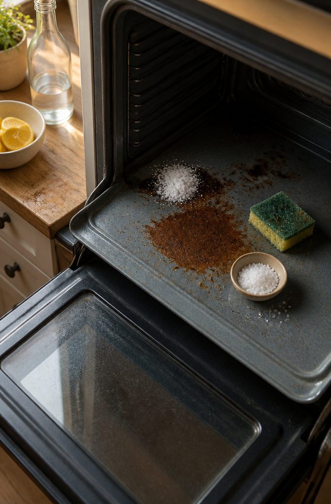 How to Clean a Greasy Oven in 8 Steps 7 Oven floor with rust-colored stain dark marks cleaning powder salt and damp sponge