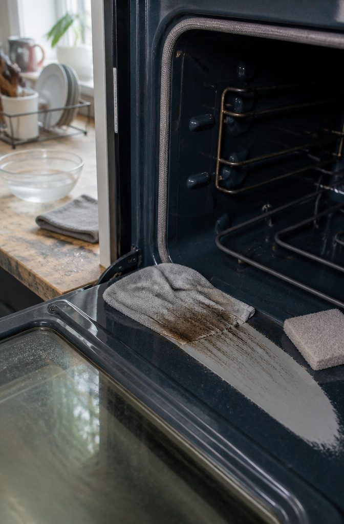 How to Clean a Greasy Oven in 8 Steps 6 Oven interior being wiped with a damp cloth to remove loosened grease
