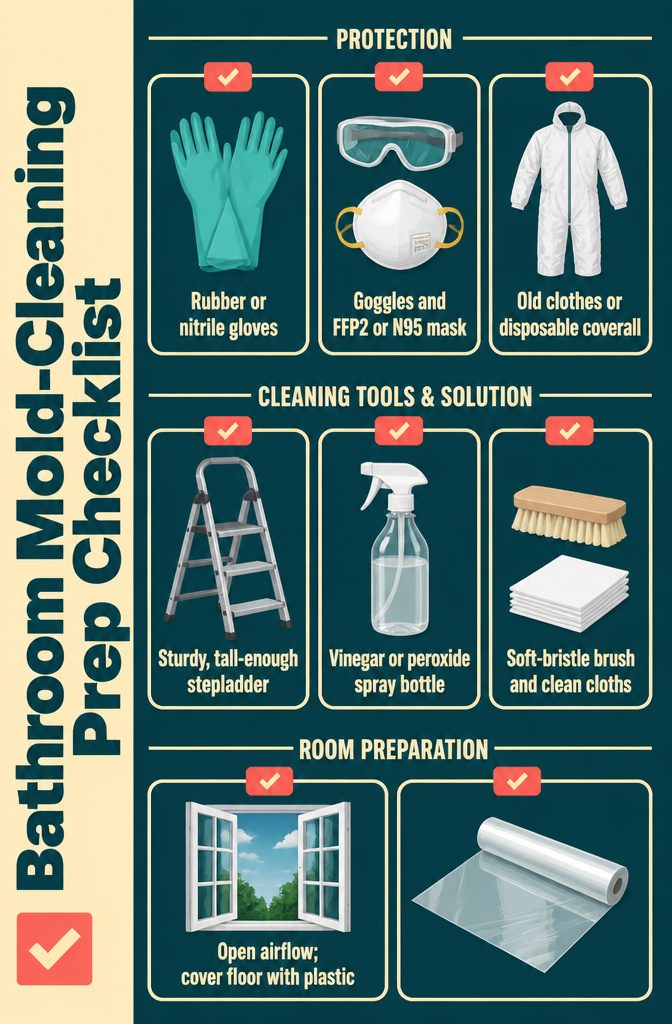 How to Clean Bathroom Ceiling Mold and Prevent Its Return 4 Bathroom mold-cleaning checklist listing protective gear and supplies