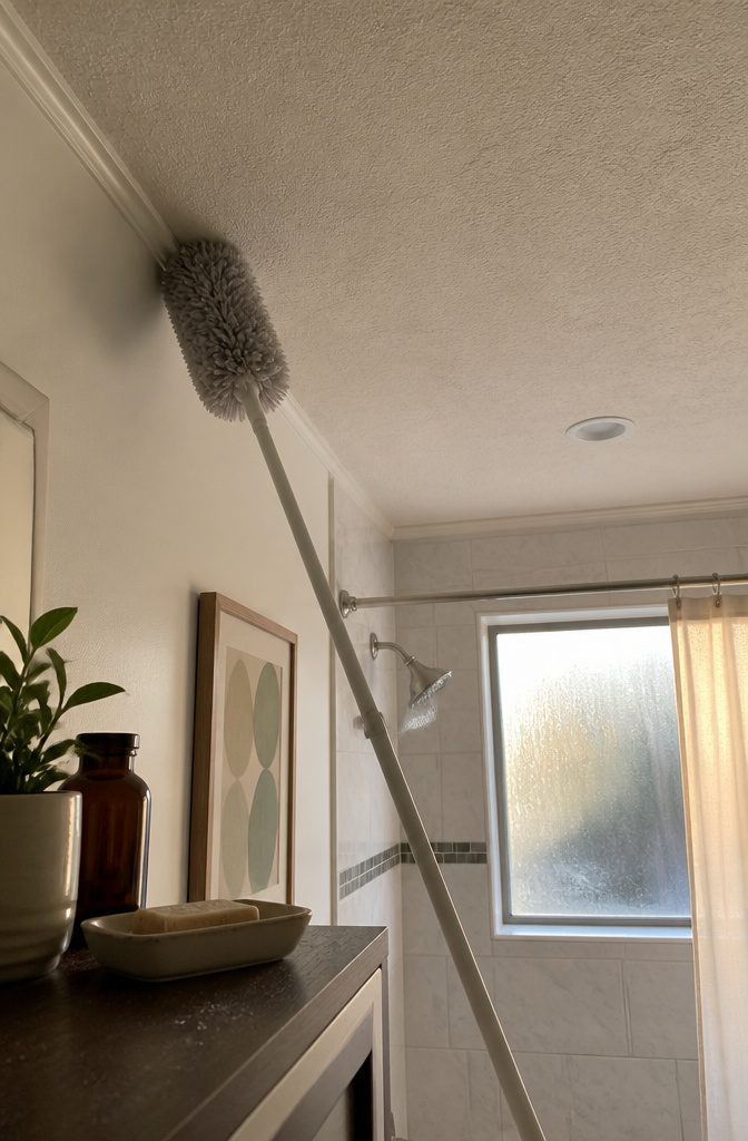 How to Clean Bathroom Ceiling Mold and Prevent Its Return 8 Long-handled soft duster beneath a textured bathroom ceiling with dust and cobwebs
