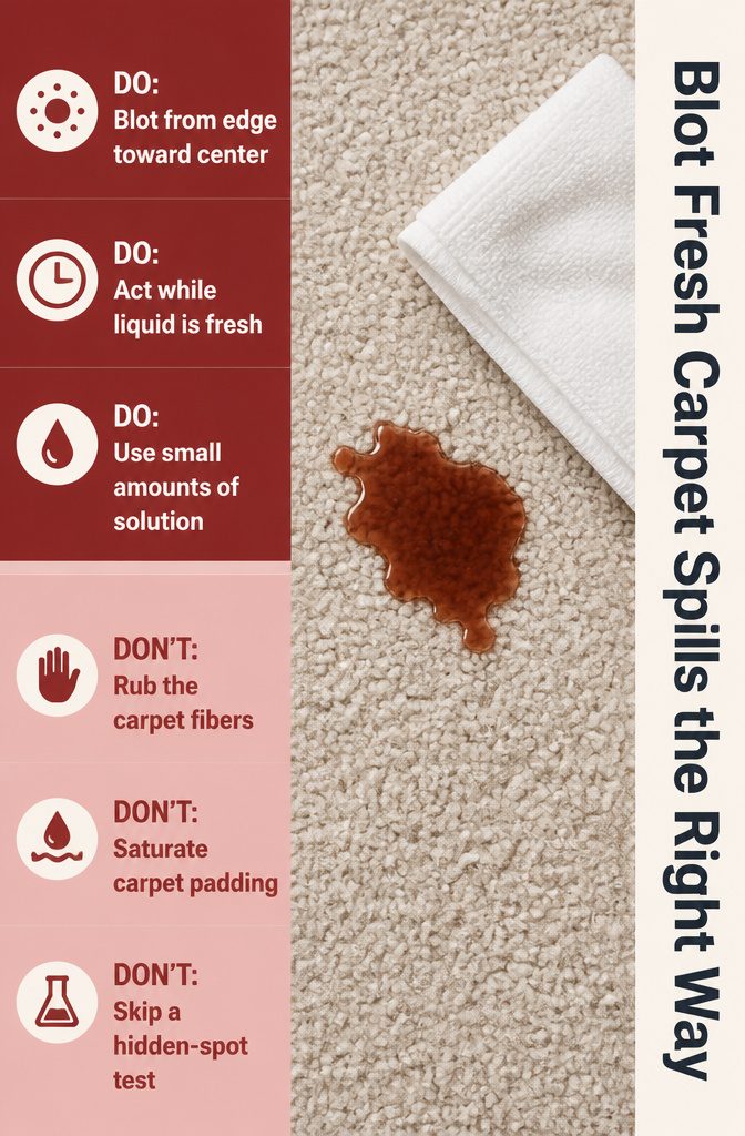 Instructional graphic showing a cloth blotting a fresh carpet spill