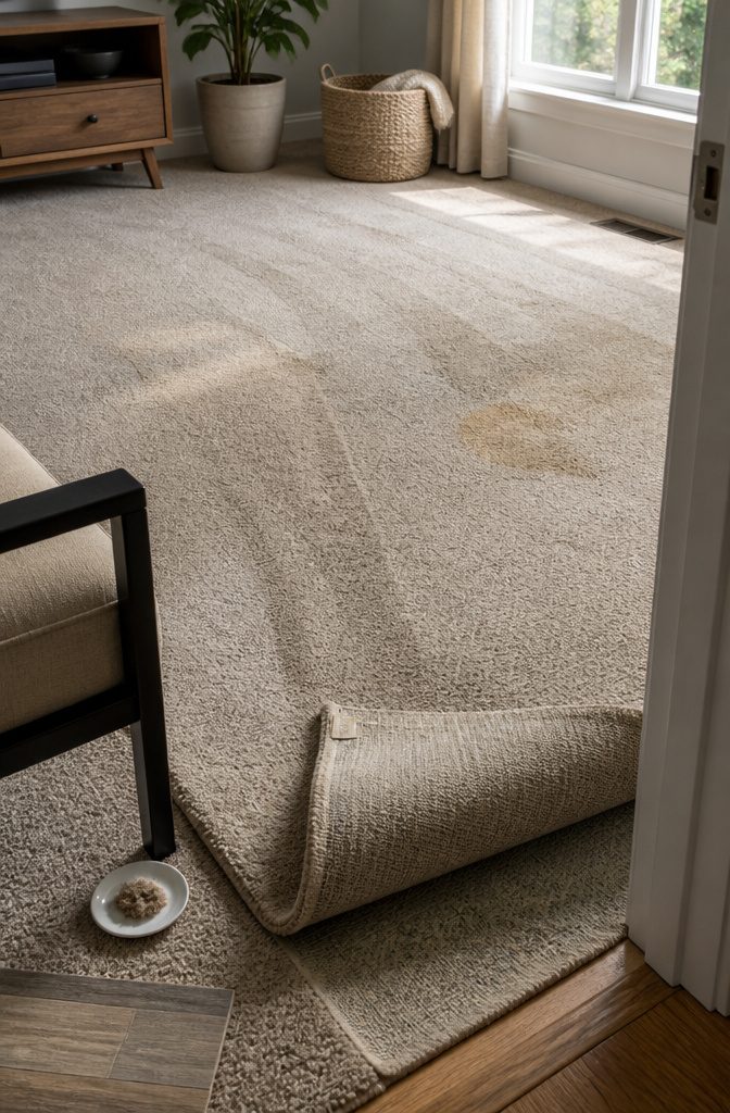 Carpet corner lifted to show backing tag beside a coffee stain and flattened walkway