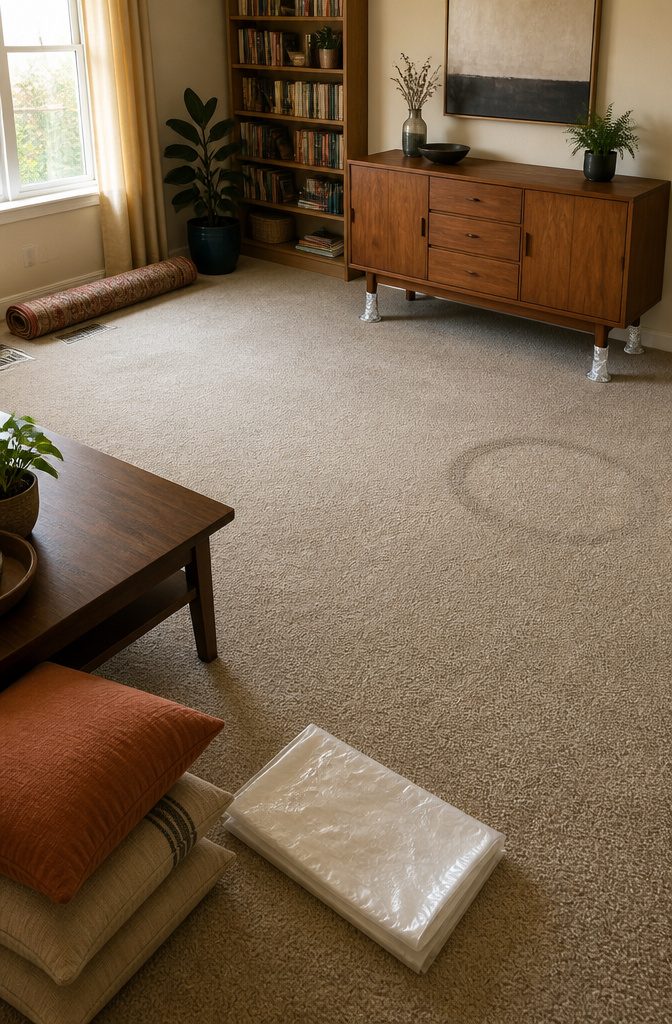 Room furniture pulled away from carpet, leaving the floor clear for cleaning